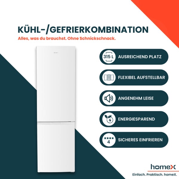 homeX Kühlschrank mit Gefrierfach Kühl-Gefrierkombination freistehend groß 315 Liter Super-Frost-Funktion weiß