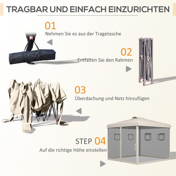 Outsunny Faltpavillon ca. 3 x 3 m, Pavillon mit 4 Netzvorhängen, Gartenpavillon mit UV-Schutz, Pop Up Pavillon mit Fenster, Tragetasche, für Garten, Pavillon, Beige