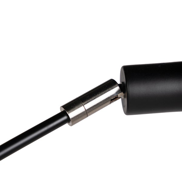 Detailansicht einer schwarzen Lampe mit verstellbarem Gelenk.