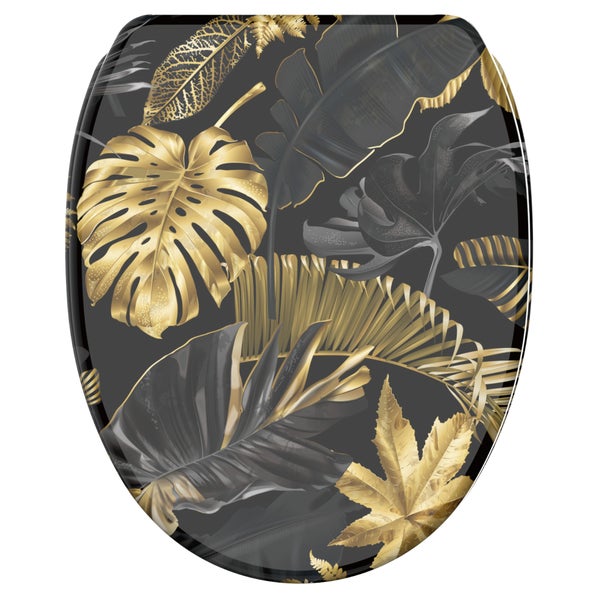 Toilettensitz mit dekorativem Blattmotiv in Gold und Dunkelgrau
