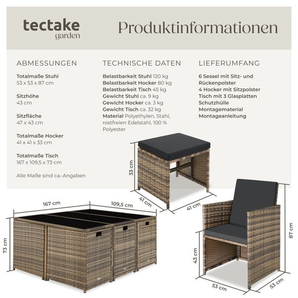 Rattan Sitzgruppe tectake Malaga zusammenschiebbar, inklusive Schutzhülle für 6 bis 10 Personen natur