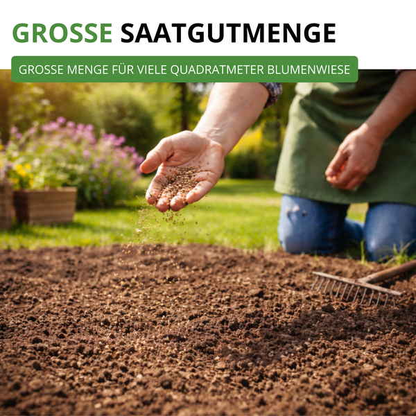 Eine Person sät eine große Menge Saatgut für eine Blumenwiese auf vorbereiteten Boden aus, ausreichend für viele Quadratmeter.