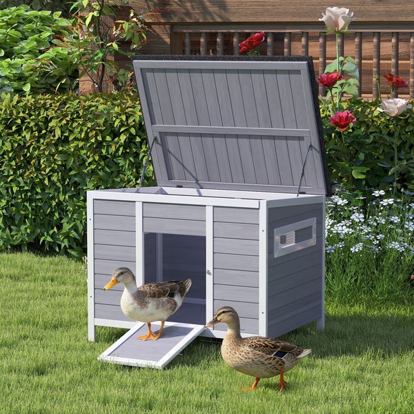 Graues Entenhaus aus Holz mit weißem Rahmen, aufklappbarem Dach und Rampe im Garten mit zwei Enten.