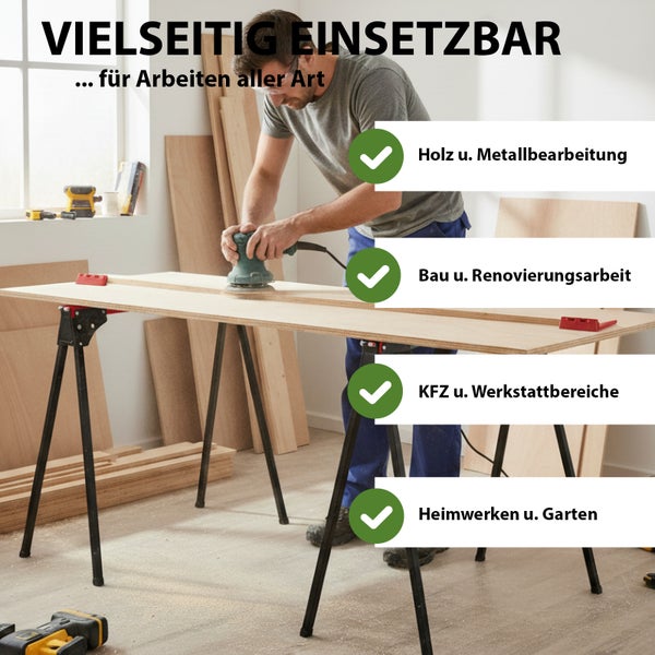 Mann bearbeitet Holz mit einem Schwingschleifer auf Arbeitsböcken. Vielseitig einsetzbar für Holz und Metall, Bau, Werkstatt und Garten.