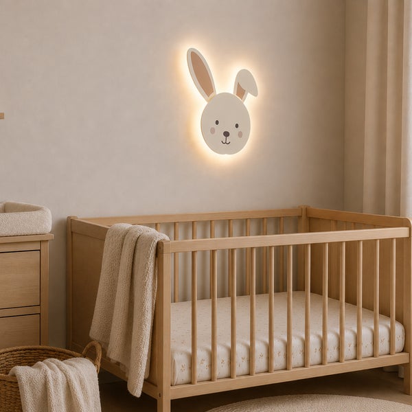 Wandleuchte in Hasenform mit indirekter LED Beleuchtung montiert an der Wand über einem Kinderbett aus Holz im Kinderzimmer.