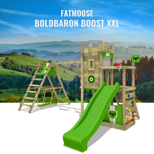 Fatmoose Spielturm Klettergerüst BoldBaron mit Surfanbau, Doppelschaukel und Rutsche  – apfelgrün