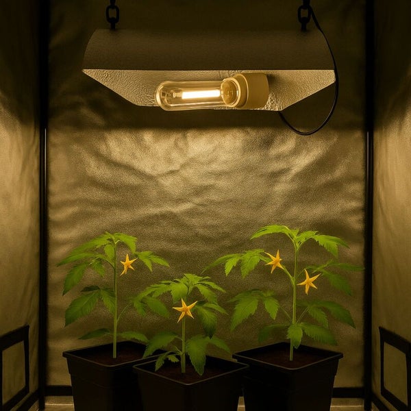 Pflanzenlampe mit Metallreflektor über drei blühenden Pflanzen in einem Growzelt mit reflektierenden Wänden.