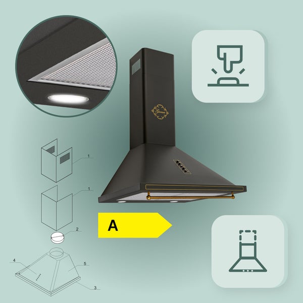 Gurari Wandabzugshaube im Landhausstil mit Metallfettfilter, LED Beleuchtung und Energieeffizienzklasse A.