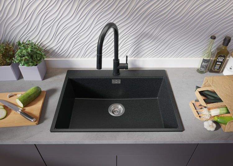 PRIMAGRAN Spülbecken Anthrazit 68x50cm, Granitspüle 1 Becken + Ablauf-Set + Aufrollbare Abtropffläche, Küchenspüle ab 70er Unterschrank - Oslo