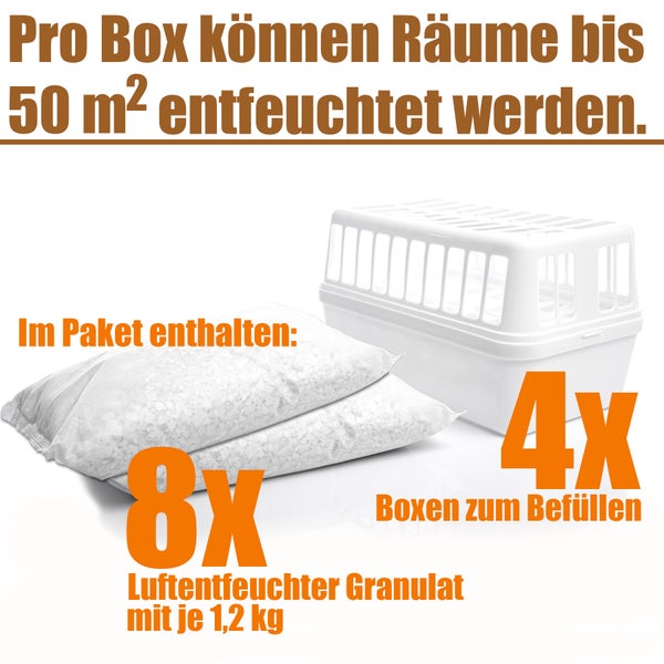 BigDean 4 Stück Luftentfeuchter + 8x 1,2kg Luftentfeuchtergranulat Nachfüllpack – Feuchtigkeits-Stopper nachfüllbar + wiederverwendbar – Luftentfeuchterbox ohne Strom