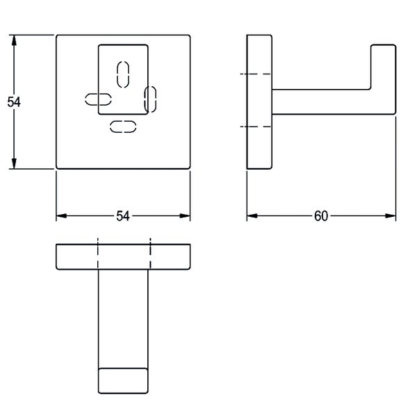 Maßzeichnung eines quadratischen Hakens mit den Abmessungen 54 mal 54 Millimeter und einer Ausladung von 60 Millimeter.