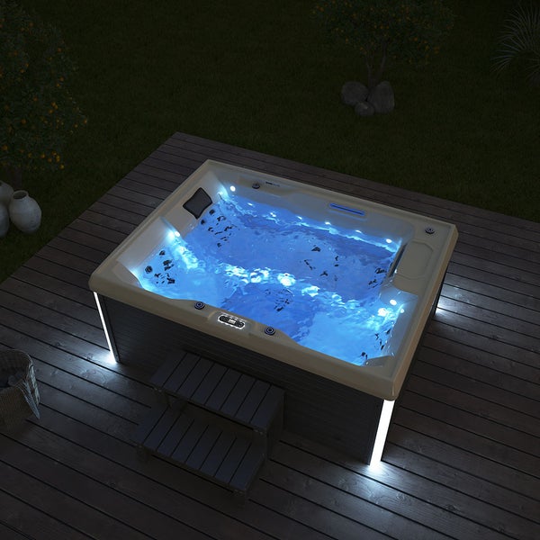 Home Deluxe - Outdoor Whirlpool - STREAM PURE - Maße: 211 x 157 x 75 cm - Inkl. Heizung, 24 Massagedüsen und 4 äußeren Lichtquellen I Außen Whirlpool Spa für 3 Personen
