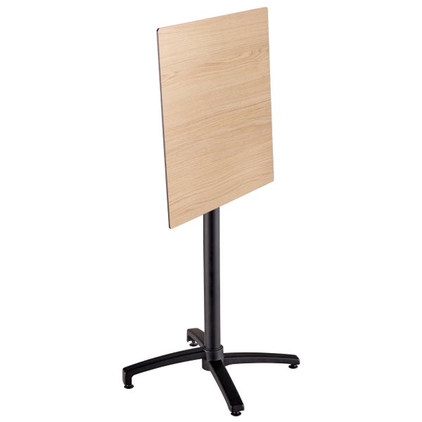 Quadratischer Bistrotisch mit klappbarer Tischplatte in Holzoptik und schwarzem Metallgestell.