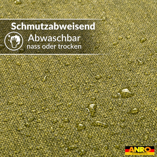 Schmutzabweisendes Gewebe mit Wassertropfen, abwaschbar nass oder trocken. ANRO Logo.