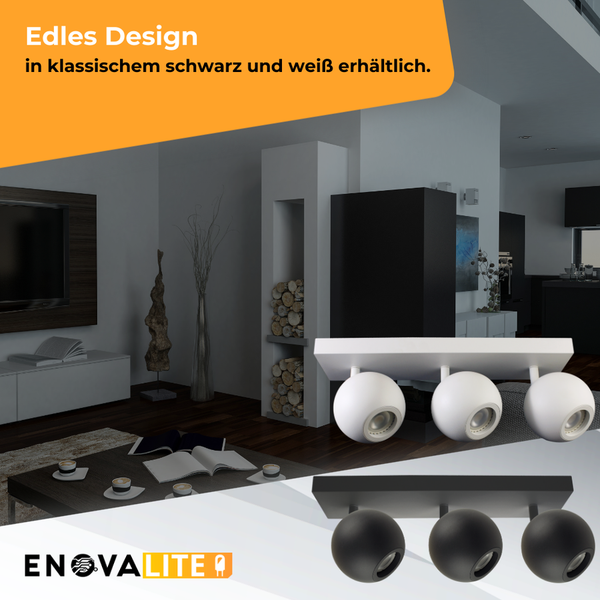 EnovaLite Deckenleuchte mit drei Strahlern in Schwarz und Weiß in einem Wohnzimmer