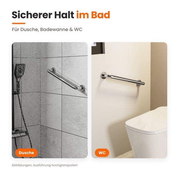 Wandmontierter Haltegriff aus poliertem Metall für Dusche und WC zur Sturzprävention und als Aufstehhilfe im Badezimmer.