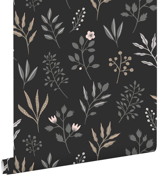 ESTAhome Tapete Blumenmuster im skandinavischen Stil Schwarz - 53 cm x 10.05 m - 139083