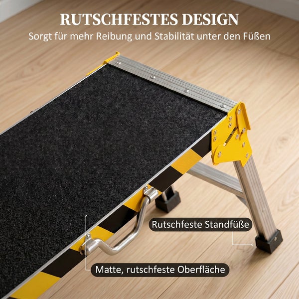 Klappbarer Arbeitstritt aus Aluminium mit rutschfester Oberfläche und stabilen Standfüßen für sicheren Halt bei Arbeiten in der Höhe.
