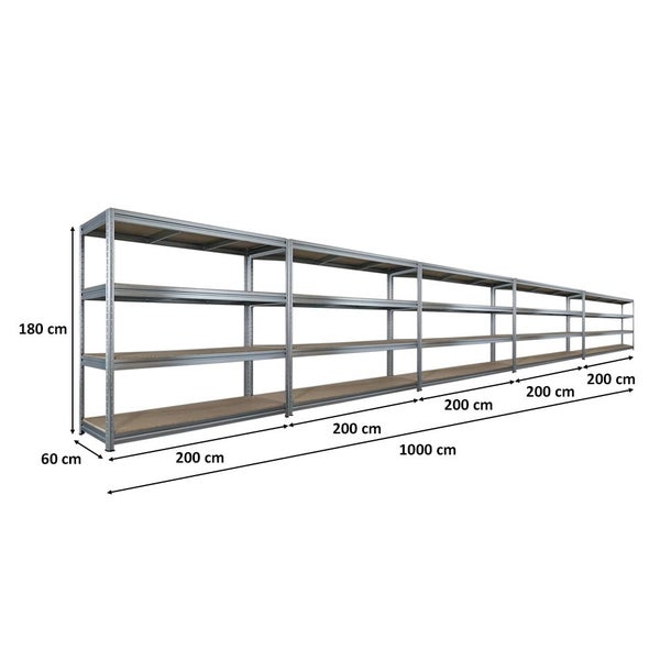 Langes Metallregal mit mehreren Ablageflächen, Maße: 180 cm hoch, 60 cm tief, 1000 cm breit