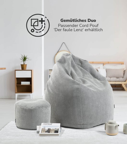 mokebo Sitzsack Cord XXL in Grau 'Der Tagträumer', Bean Bag mit EPS-Perlen Füllung
