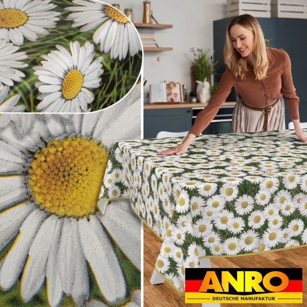 Tischdecke mit Margeritenmuster und ANRO Deutsche Manufaktur Logo