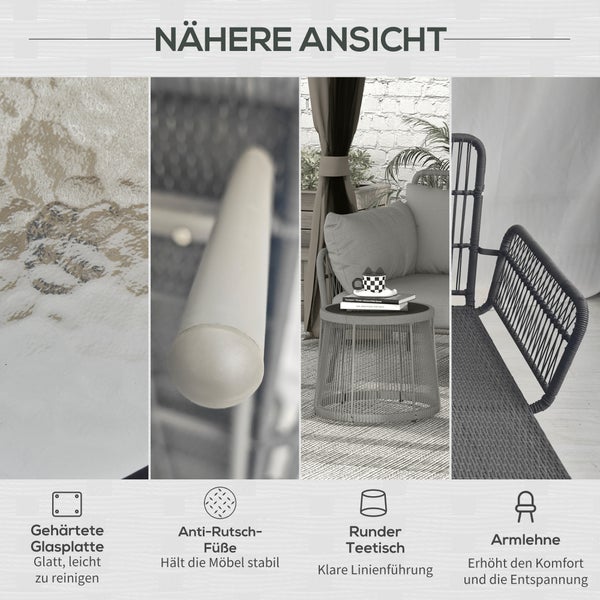 Outsunny 3 tlg. Rattan Gartenmöbel-Set, Sitzgruppe mit Kissen, Gartengarnitur mit 1 Beistelltisch, 1 Liegestuhl, 1 Doppelsofa, Sitzgarnitur für Garten, Terrasse, Stahl, Hellgrau