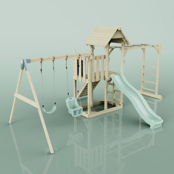 OutdoorToys Spielturm Helsingborg aus Holz in Grün Babyschaukel