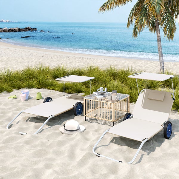Outsunny 2er Set Sonnenliege klappbar Gartenliege mit Kopfkissen Dach, Rolle Liegestuhl mit verstellbare Rückenlehne, wetterfeste Campingliege, Gartenstuhl bis 120 kg belastbar, für Garten Pool, Beige