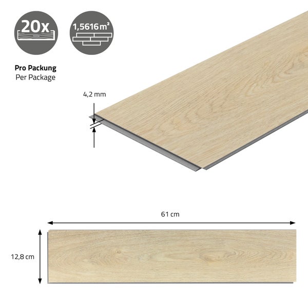 ML-Design Deluxe PVC Bodenbelag, Click Vinyl-Dielen Vinylboden, 61cmx12,8cmx4,2mm, Dicke 4,2mm, 3,12m²/40 Dielen, Fischgrät Eiche natur, Braun, Holzoptik, rutschfest, wasserfest, Belastungsklasse 34