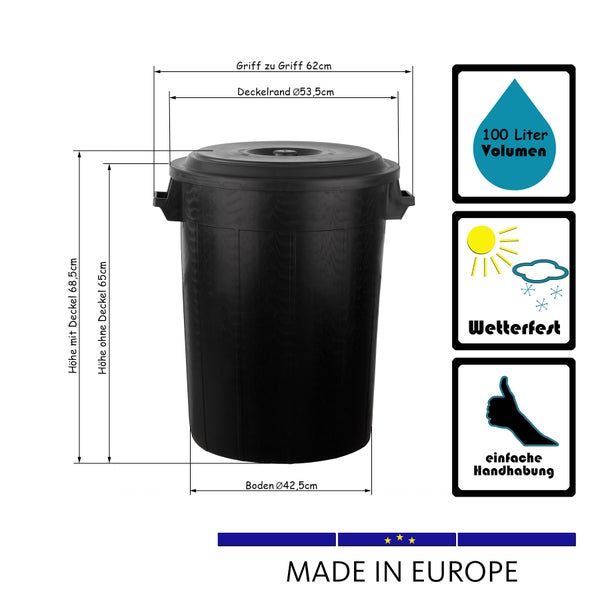 Universaltonne 100 Liter mit Deckel und 2 Tragegriffen Allzweck Tonne Schwarz
