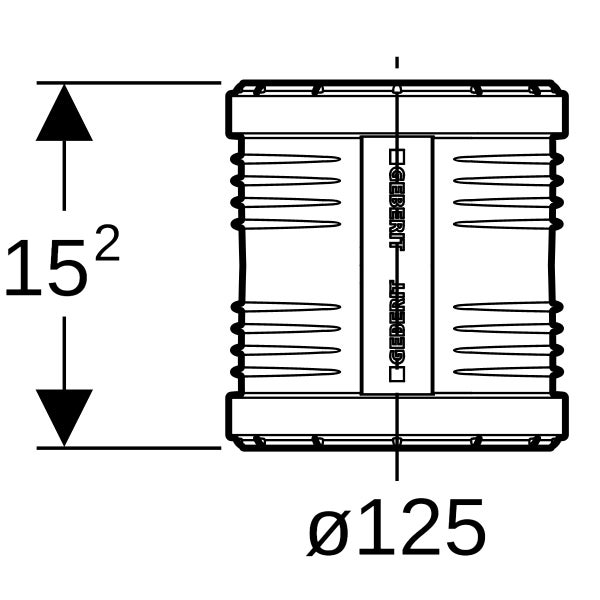 Technische Zeichnung einer Geberit Manschette mit einem Durchmesser von 125 Millimeter und einer Höhe von 15,2 Zentimeter.