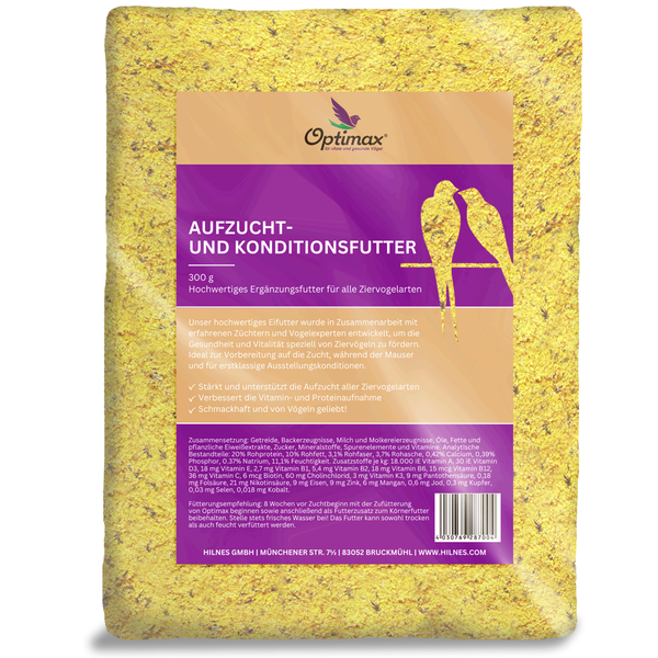 Optimax Aufzucht und Konditionsfutter für Ziervögel, 300 Gramm Ergänzungsfutter zur Förderung von Gesundheit und Vitalität.