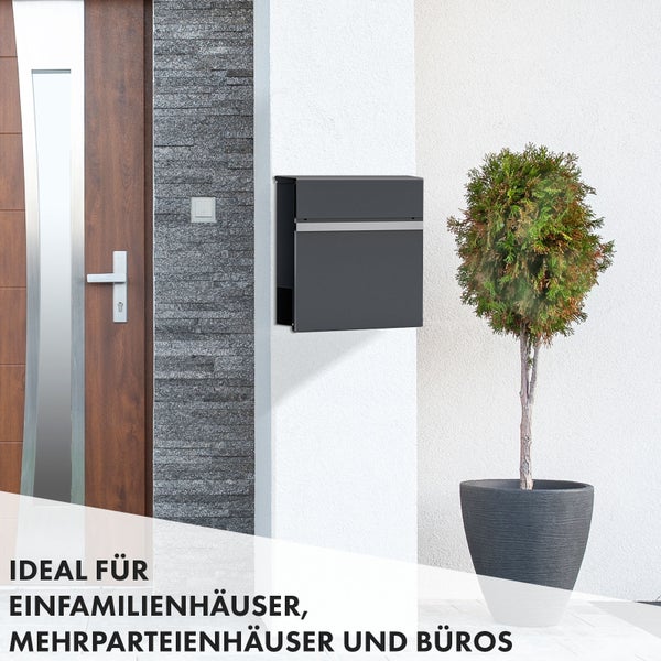 FLOORDIREKT Briefkasten Gaston - Stahl Wandbriefkasten mit Zeitungsfach und Edelstahl-Namensschild