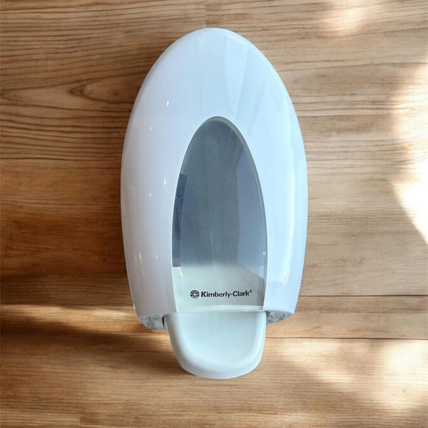 Kimberly-Clark Seifenspender aus weißem Kunststoff mit Sichtfenster und Kimberly-Clark Logo.