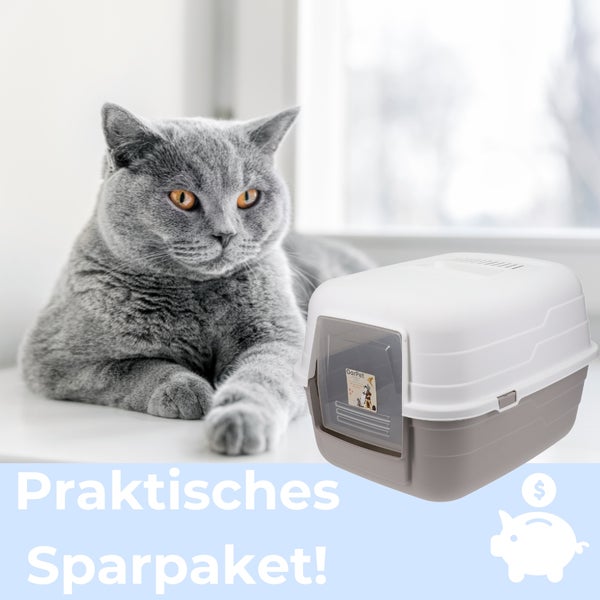 Katze neben geschlossener Katzentoilette