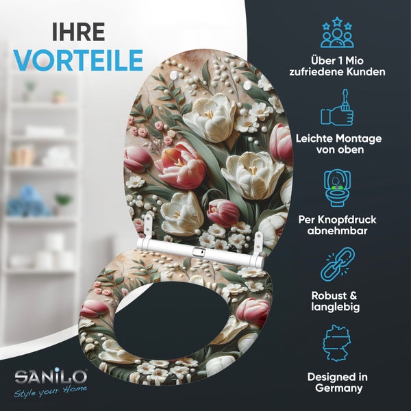 Sanilo Toilettensitz mit Blumenmotiv, Montage von oben, per Knopfdruck abnehmbar, robust und langlebig, entworfen in Deutschland.