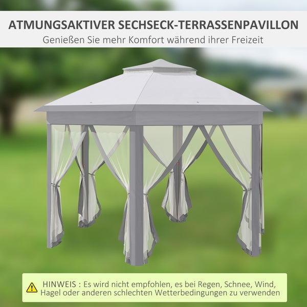 Outsunny Gartenpavillon Faltpavillon 4 x 4 m Pop-Up-Zelt Partyzelt inkl. Tragetasche 6 Seitenteile Doppeldach sechseckig Grau