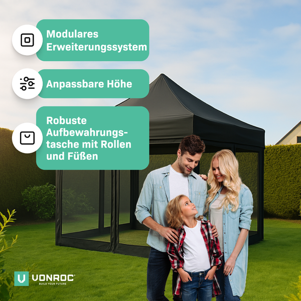 VONROC Pavillon 3x3m wasserdicht stabil - Partyzelt EasyUp System [3Min Aufbau] Popup Faltpavillon modular erweiterbar als Festival Zelt, Gartenpavillon