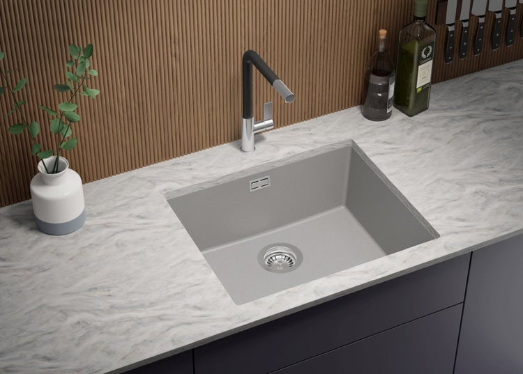 PRIMAGRAN Unterbauspüle Granit Grau 56x47cm, Spülbecken 1 Becken + Ablauf-Set, Granitspüle ab 60er Unterschrank - London