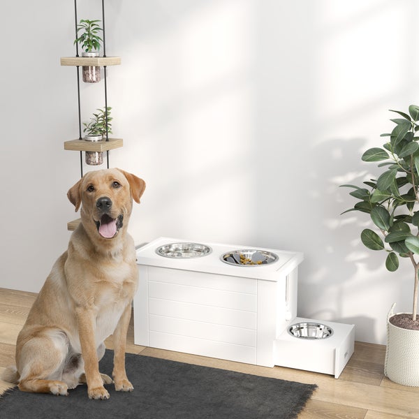 PawHut 2-in-1 Erhöhter Hundenapf Höhenverstellbar Futternapf mit Ständer Stauraum 2 x 2L Edelstahlnäpfen Langsamfuttermatte Fressnapf Futterstation Hundenäpfe für Große Hunde Katzen Weiß