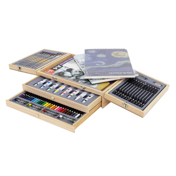 ECD Germany Malset Koffer 85-teilig, Künstlerset Maler, inkl. 3 Zeichenblock, Acrylpad & Zubehör, Malkoffer Kunstbedarf in tragbarer Holzkiste, Professionelles Kunstset, Zeichenset, Holzkoffer Etui