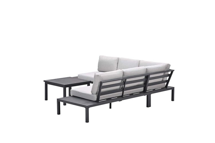 Garten-Lounge-Set bestehend aus Ecksofa und Beistelltisch mit Metallgestell und grauen Polstern.