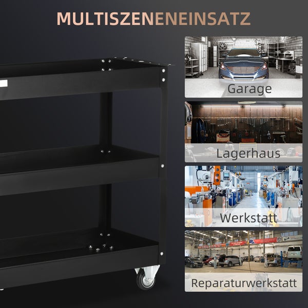 DURHAND Werkstattwagen mit 3 Etagen, Werkzeugwagen leer, Transportwagen mit seitlicher Griff, 4 Rollen, bis 150 kg Tragkraft, Stahl, 83 x 35,3 x 76 cm, Schwarz