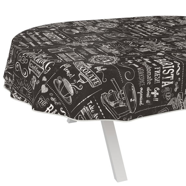 Tischdecke mit Kaffeehaus-Motiv auf einem Tisch