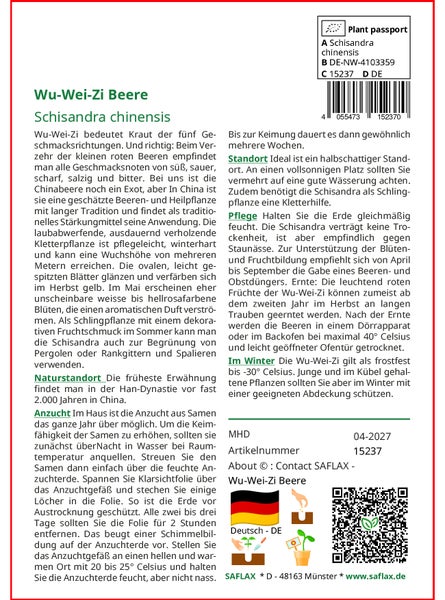 SAFLAX  - Wu-Wei-Zi Beere - Schisandra chinensis - 15 Samen - Mit keimfreiem Anzuchtsubstrat
