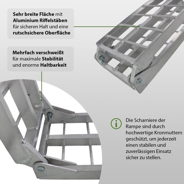 Detailansicht einer Aluminium-Rampe mit geriffelter Oberfläche, verschweißten Verbindungen und Scharnieren mit Kronenmuttern.
