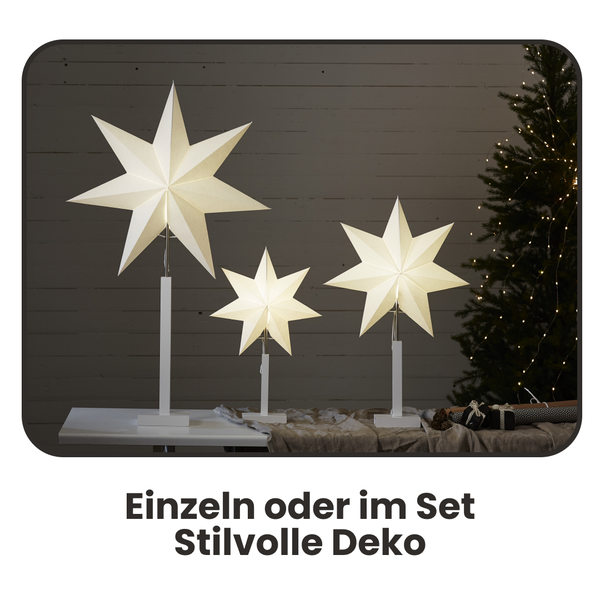 Dekorativer Stern mit Beleuchtung auf einem Tisch, neben einer Pflanze und Geschenken