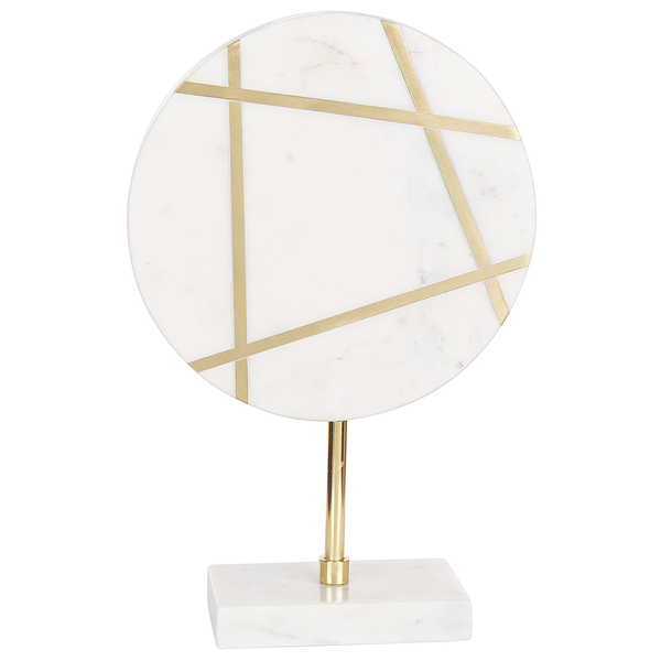 Dekofigur aus weißem Marmor mit goldenen geometrischen Linien, rundes Element auf rechteckigem Sockel mit goldfarbenem Stab.