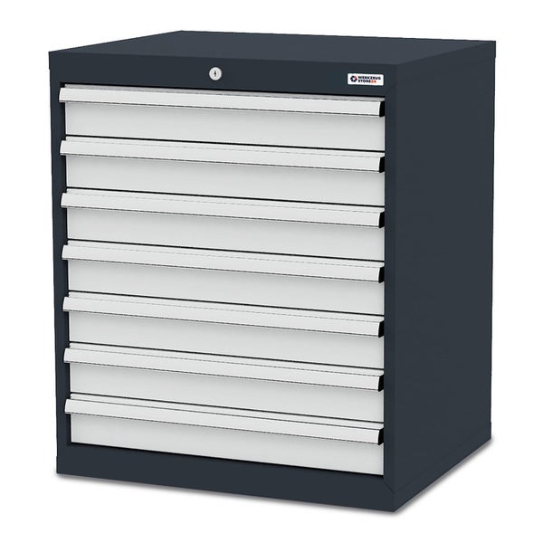 Dunkelgrauer Werkzeugschrank aus Metall mit sieben hellgrauen Schubladen und Zentralschloss.
