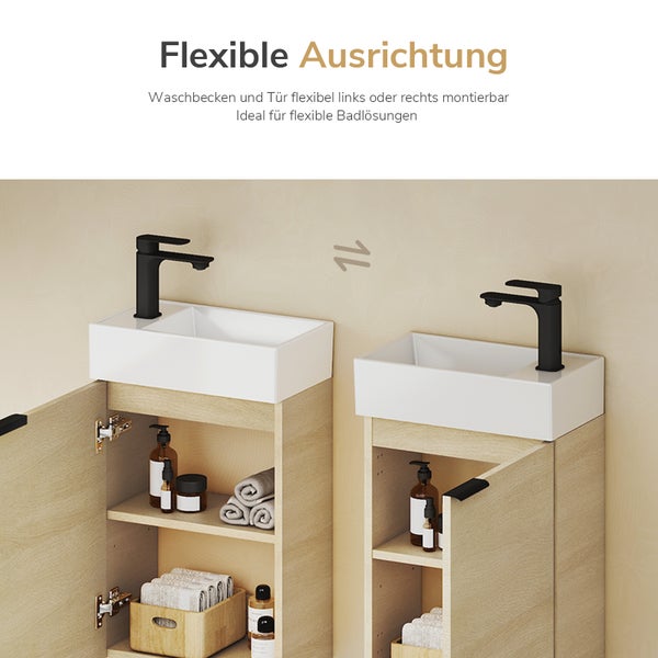 Waschbeckenunterschrank mit flexibel montierbarem Waschbecken und Tür für links oder rechts.